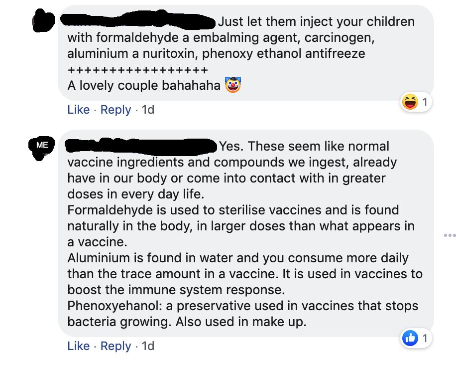 Just let them inject your children with formaldehyde a embalming agent carcinogen aluminium a nuritoxin phenoxy ethanol antifreeze 4Ht b A lovely couple bahahaha Like Reply 1d Yes These seem like normal vaccine ingredients and compounds we ingest already have in our body or come into contact with in greater doses in every day life Formaldehyde is used to sterilise vaccines and is found naturally i