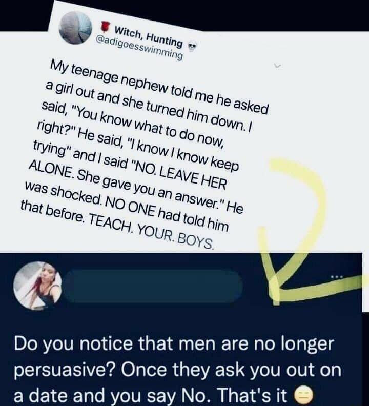 Do you notice that men are no longer persuasive Once they ask you out on a date and you say No Thats it