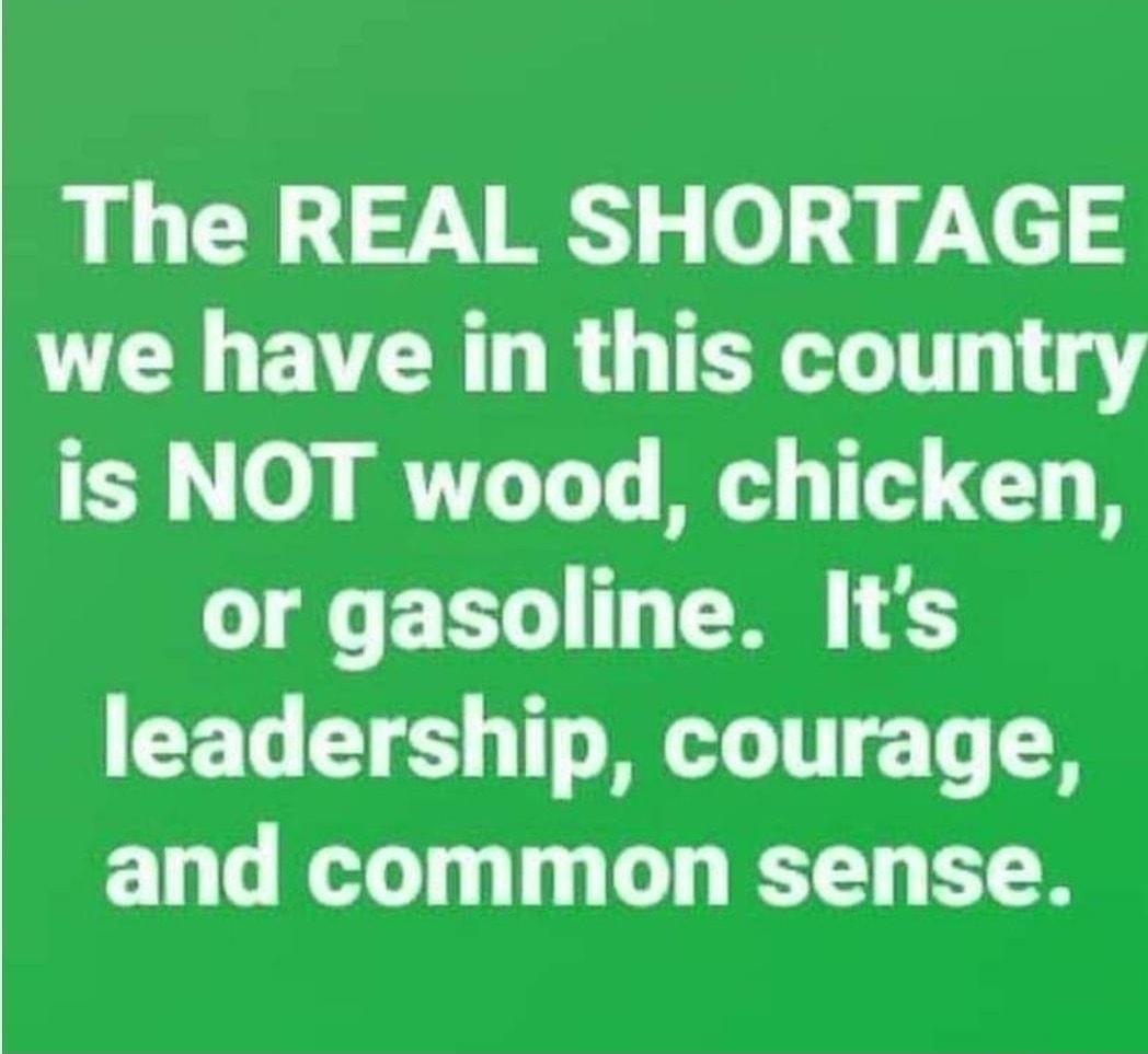 The REAL SHORTAGE A VR R G T T g is NOT wood chicken or gasoline Its leadership courage and common sense