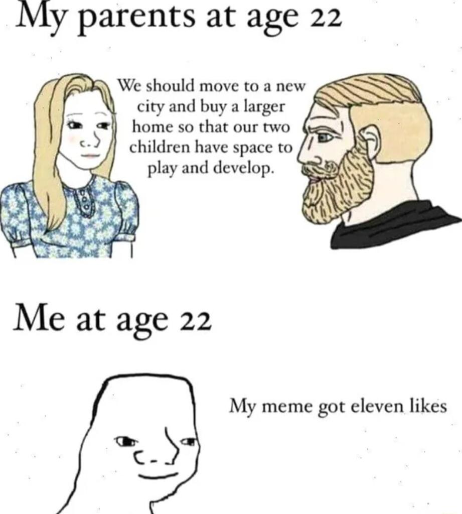 My parents at age 22 We should move to a new children have space to play and develop Me at age 22 My meme got eleven likes