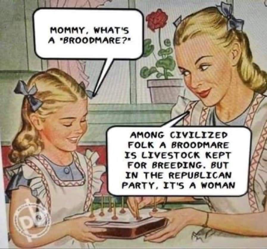 MOMMY WHATS A BROODMARE 7 AMONG CIVILYZED FOLK A BROODMARE IS LIVESTOCK KEPT FOR BREEDING BUT A IN THE REPUBLICAN Bl PARTY ITS A WOMAN