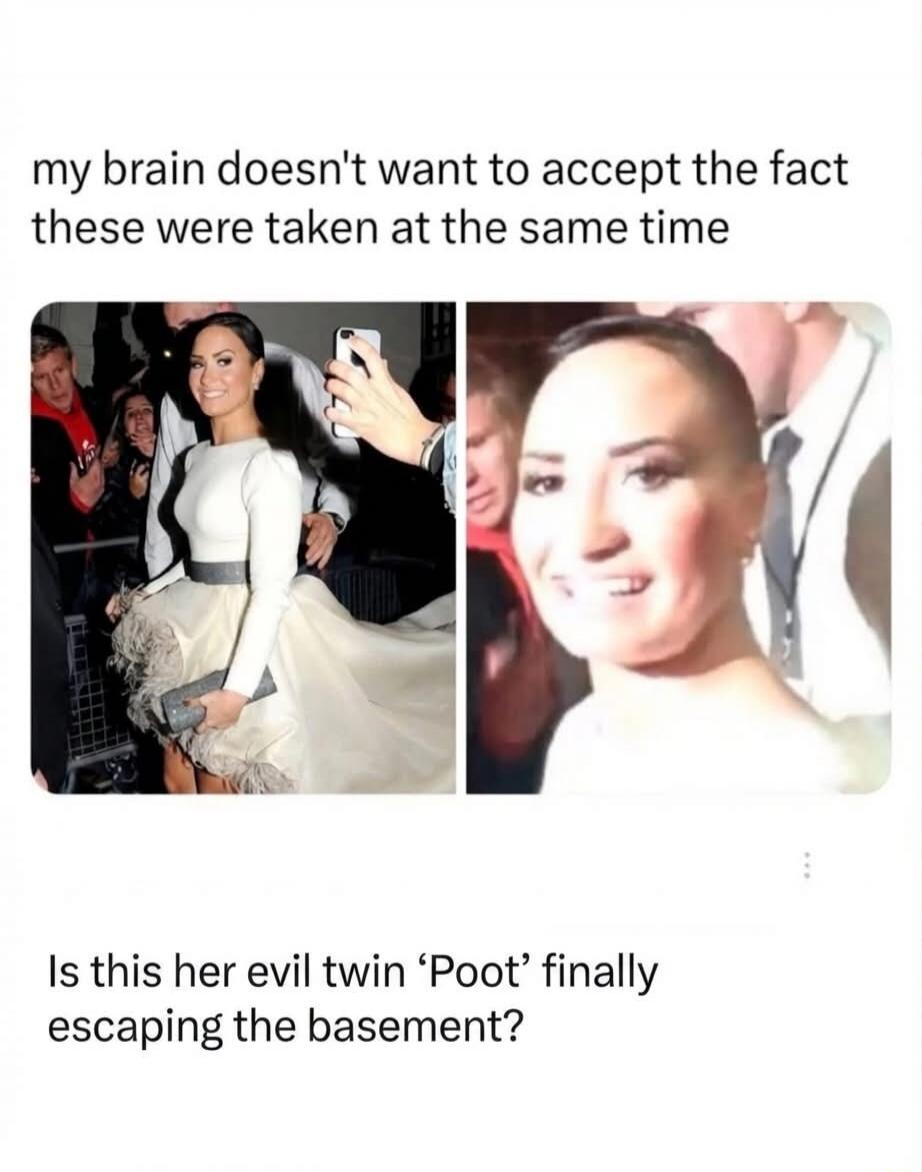 my brain doesn't want to accept the fact these were taken at the same time Is this her evil twin 'Poot' finally escaping the basement?