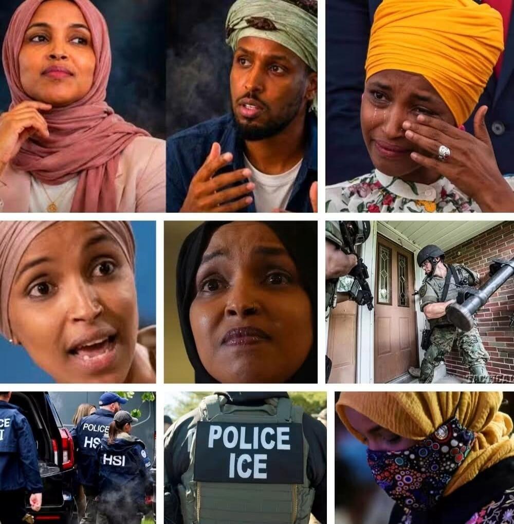 POLICE HSI, POLICE ICE. The image shows a collage of a woman in various emotional states and a man, interspersed with scenes of law enforcement officers, including armed personnel at a door, officers near a vehicle, and a tactical vest with 'POLICE ICE' written on it.