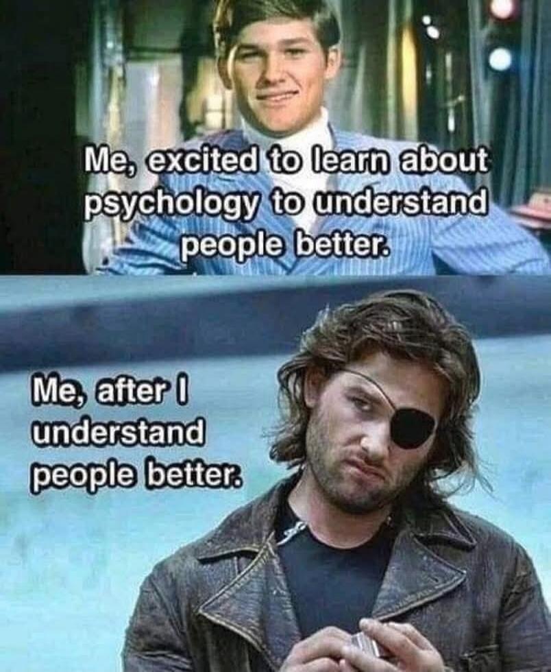 Me, excited to learn about psychology to understand people better. Me, after I understand people better.