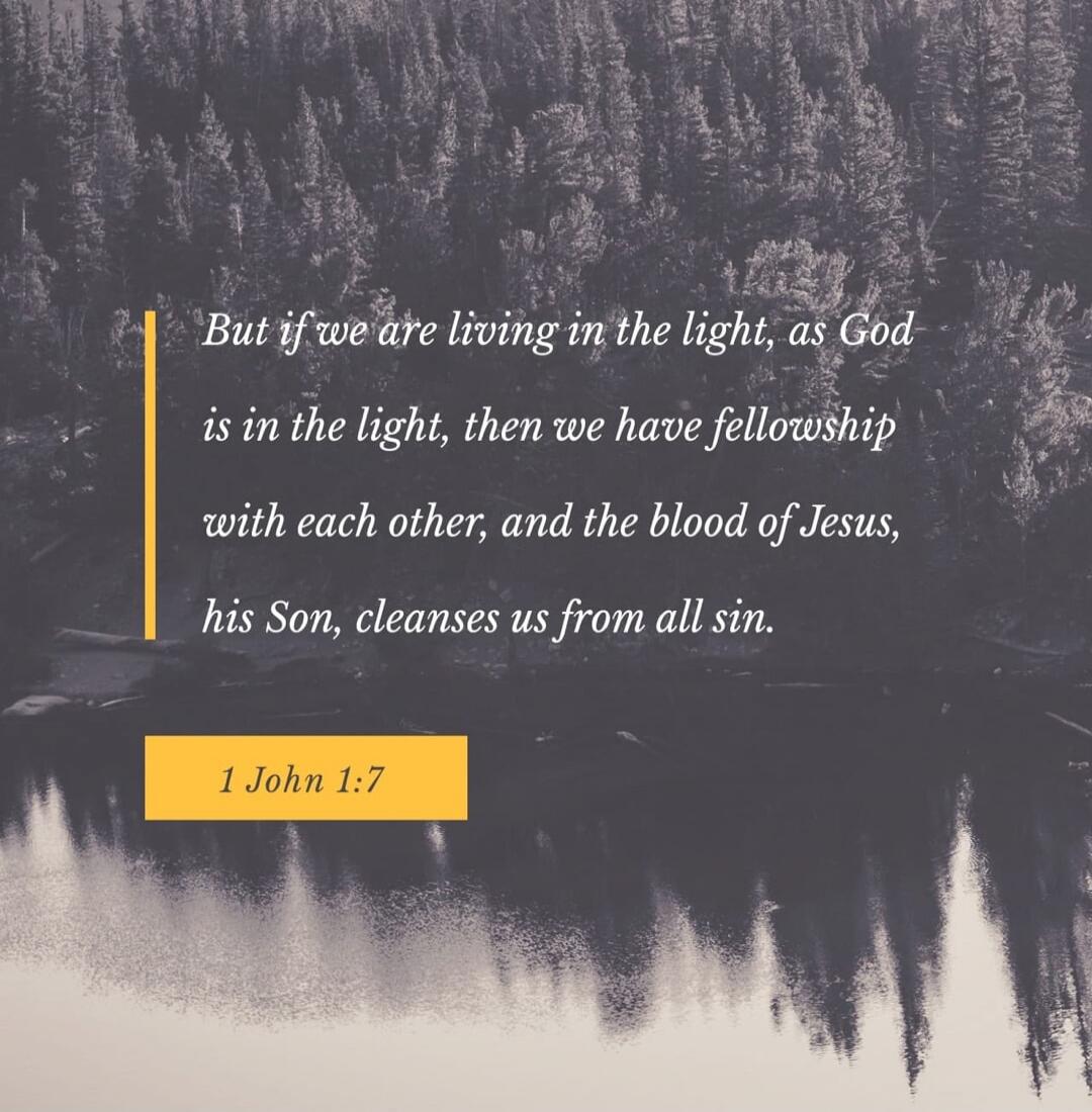 But if we are living in the light, as God is in the light, then we have fellowship with each other, and the blood of Jesus, his Son, cleanses us from all sin. 1 John 1:7
