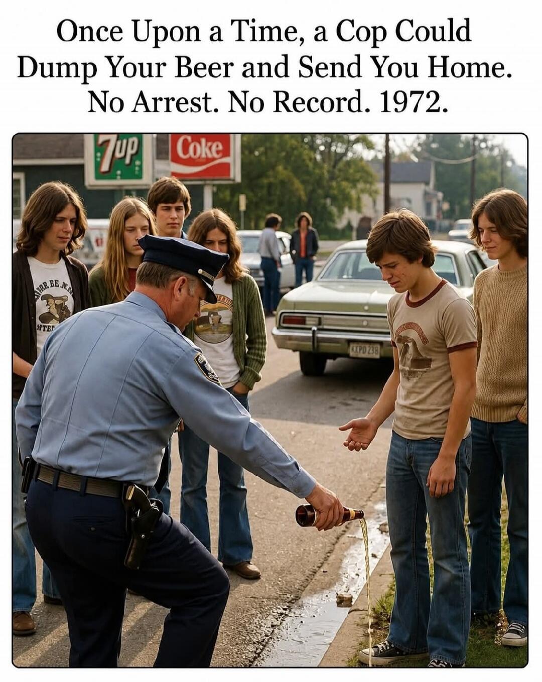 Once Upon a Time, a Cop Could Dump Your Beer and Send You Home. No Arrest. No Record. 1972. The image shows a police officer pouring out a bottle of beer held by a young man, while a group of other young people watch. The scene appears to be on a street or sidewalk, with a car and store signs (7up, Coke) in the background.