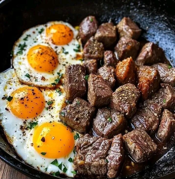 Three fried eggs with runny yolks, seasoned with pepper and herbs, beside a generous pile of seared beef cubes.