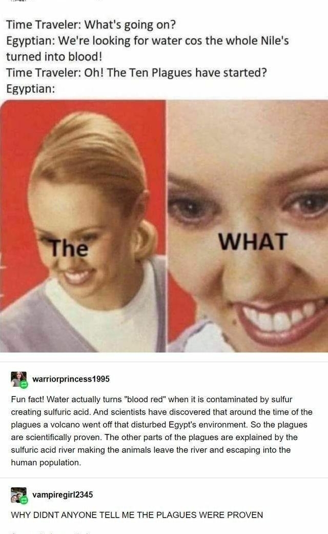 Time Traveler Whats going on Egyptian Were looking for water cos the whole Niles turned into blood Time Traveler Oh The Ten Plagues have started Egyptian u warriorprincess1995 Fun fact Water actually turns blood red when itis contaminated by sulfur creating sulfuric acid And scientists have discovered that around the time of the plagues a volcano went off that disturbed Egypts environment So the p