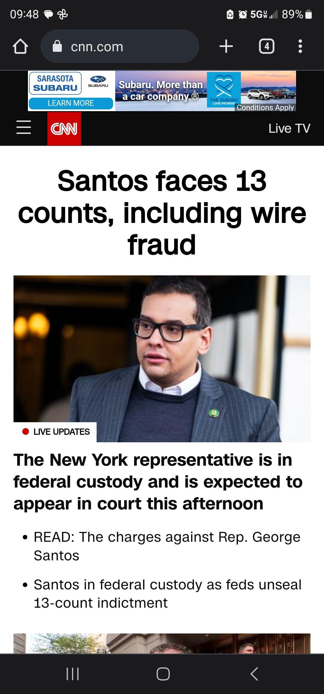0948 564 89 3 cnncom Santos faces 13 counts including wire fraud LIVE UPDATES The New York representative is in federal custody and is expected to appear in court this afternoon READ The charges against Rep George Santos Santos in federal custody as feds unseal 13 count indictment