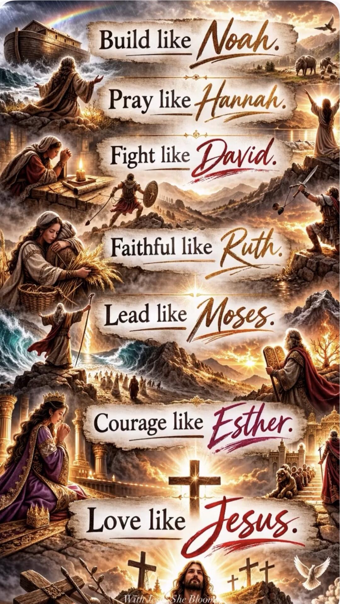 Build like Noah. Pray like Hannah. Fight like David. Faithful like Ruth. Lead like Moses. Courage like Esther. Love like Jesus. With Jesus She Blooms.