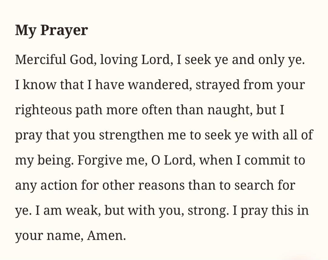 My Prayer Merciful God, loving Lord, I seek ye and only ye. I know that I have wandered, strayed from your righteous path more often than naught, but I pray that you strengthen me to seek ye with all of my being. Forgive me, O Lord, when I commit to any action for other reasons than to search for ye. I am weak, but with you, strong. I pray this in 
