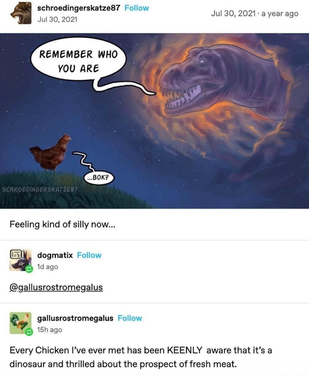 schroedingerskatze87 Follow 130 2021 3 yeara Jul 302021 L 202 poue e REMEMBER WHO YOU ARE Feeling kind of silly now dogmatix Follow gallusrostromegalus gallusrostromegalus Follow 16hago Every Chicken Ive ever met has been KEENLY aware that its a dinosaur and thrilled about the prospect of fresh meat