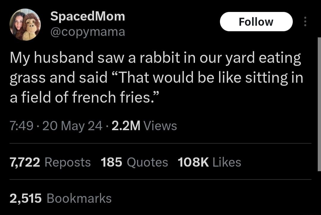 Sen copymama My husband saw a rabbit in our yard eating grass and said That would be like sitting in afield of french fries 749 20 May 24 22M Views 7722 Reposts 185 Quotes 108K Likes PR Gl B