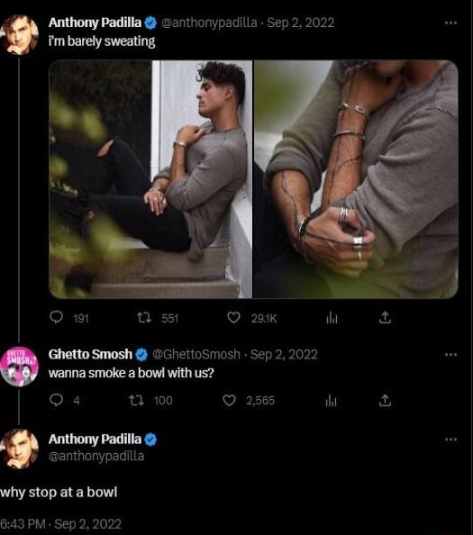 Anthony Padilla 1honypadila Sep 2 2022 Tm barely sweating Q u Ghetto Smosh Gheiios o Sep 2 wanna smoke a bowl with us 1 o V Anthony Padilla anthonypadilia why stop at a bowl PM Sep 2