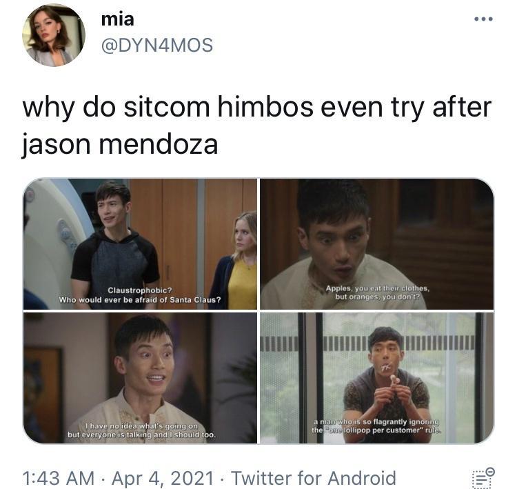 mia J DYNamos why do sitcom himbos even try after jason mendoza