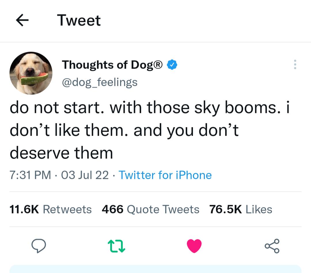 Tweet Thoughts of Dog dog_feelings do not start with those sky booms i dont like them and you dont deserve them 731PM 08 Jul 22 Twitter for iPhone 116K Retweets 466 Quote Tweets 765K Likes Q L 4 5