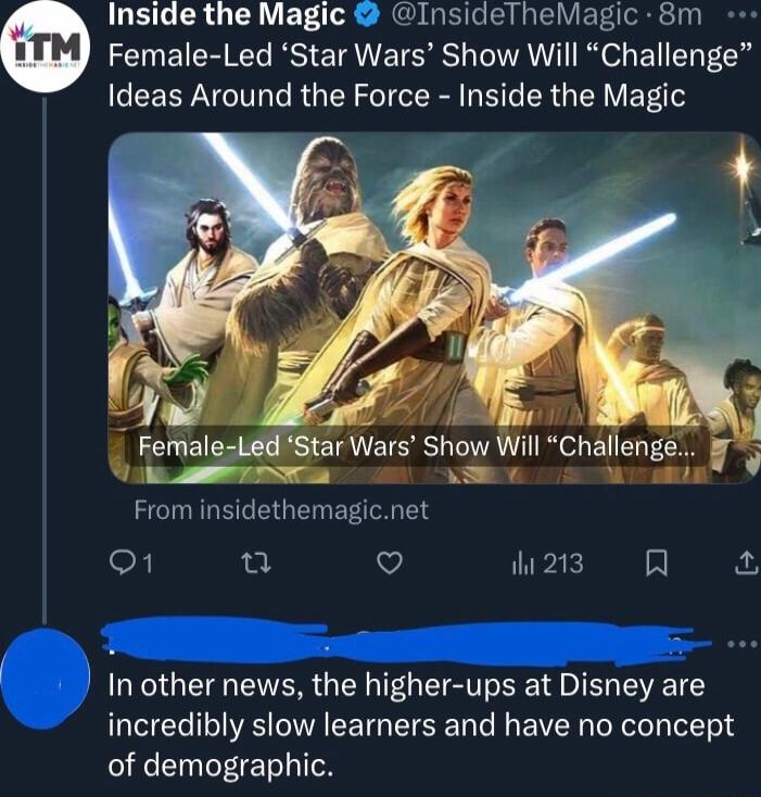 Inside the Magic InsideTheMagic 8m Female Led Star Wars Show Will Challenge EELRN I T RGN o LR R G IR V o t V il 213 A In other news the higher ups at Disney are incredibly slow learners and have no concept of demographic