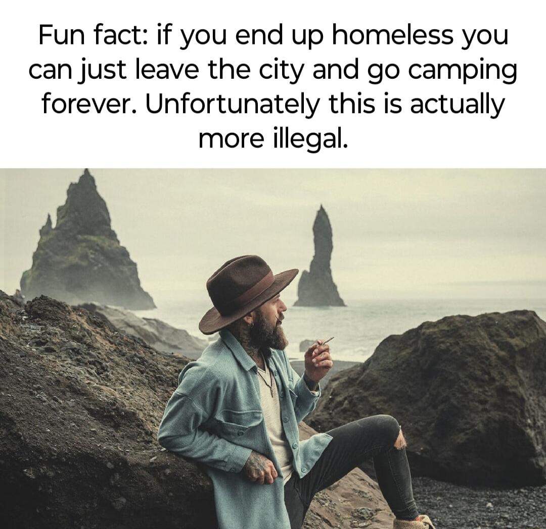 Fun fact if you end up homeless you can just leave the city and go camping forever Unfortunately this is actually more illegal