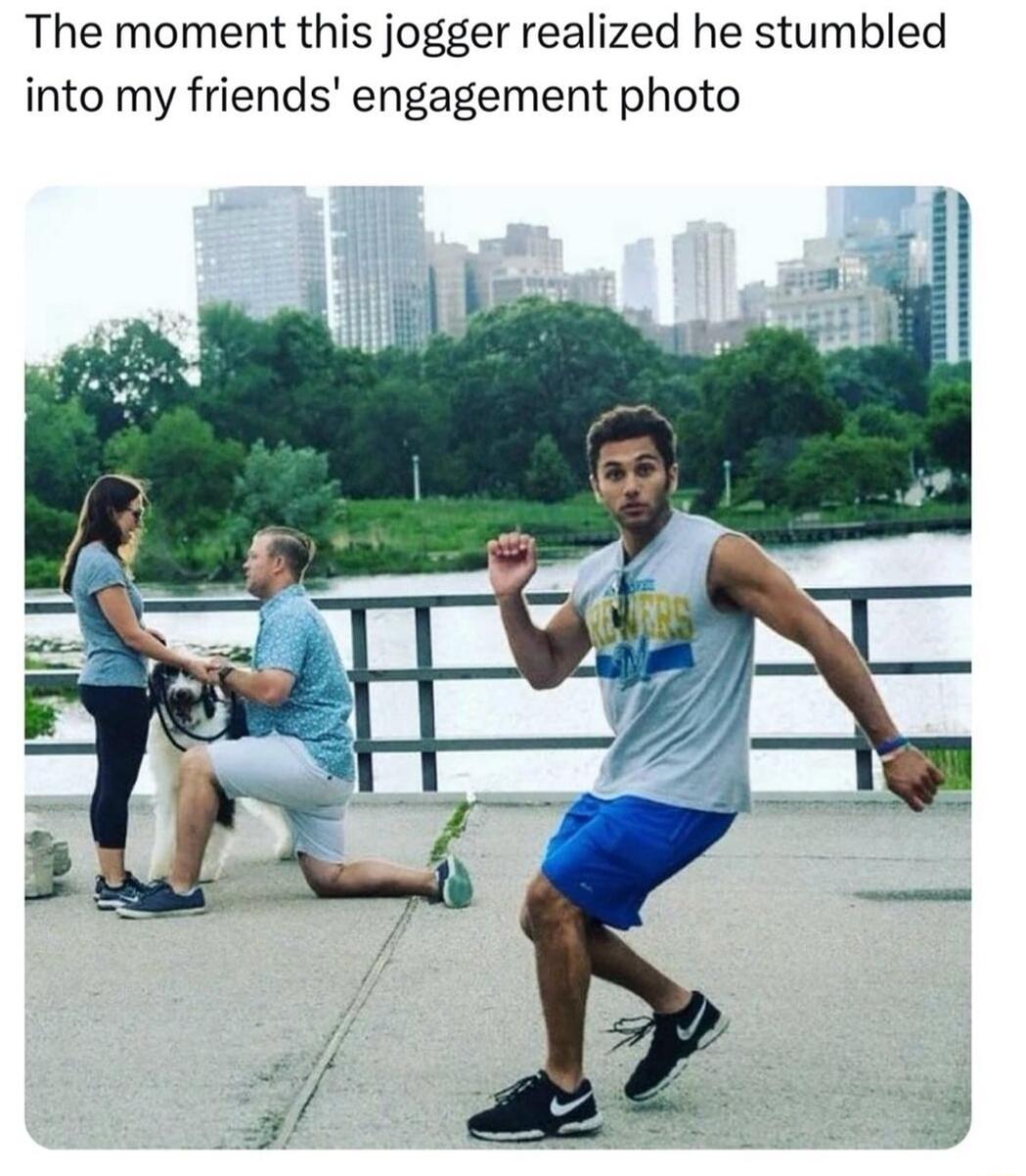 The moment this jogger realized he stumbled into my friends engagement photo