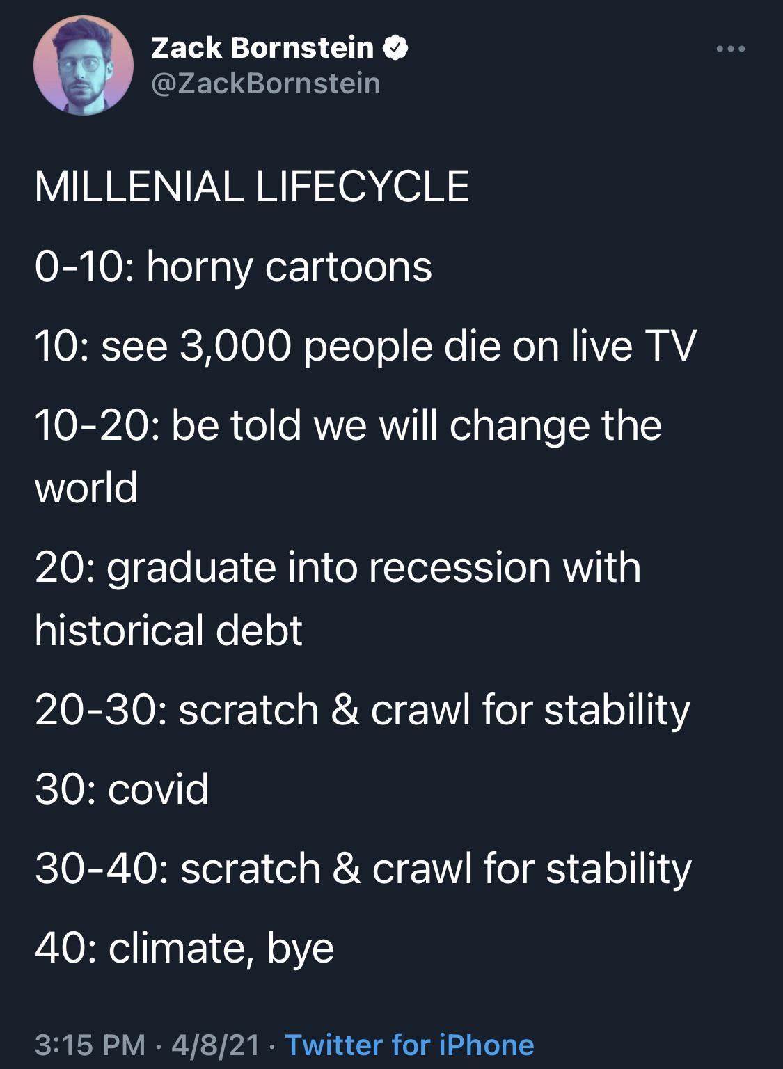 Zack Bornstein ZackBornstein MILLENIAL LIFECYCLE 0 10 horny cartoons ORISR R OI0I0 N oTYo ol SXe IS a N SH A OEVA0N o1R o e RWVRVY KeigF Tale 1 g1 Yelqle 20 graduate into recession with historical debt PAOECTO R Yol 1 el s KW V B o Y 1 o110Y 30 covid CV RV IV e 1 e g WA l R o S o 8Y 40 climate bye 315 PM 4821 Twitter for iPhone