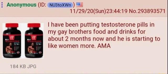 i Anonymous ID NUStGXWi 5 184 KB JF 112920Sun234419 No293893571 I have been putting testosterone pills in my gay brothers food and drinks for about 2 months now and he is starting to like women more AMA
