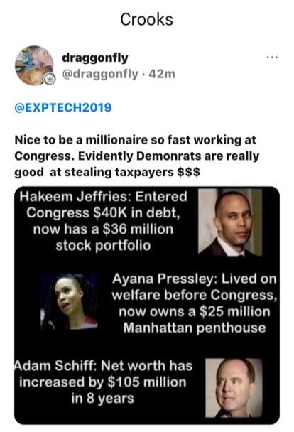 Crooks draggonfly @draggonfly · 42m @EXPTECH2019 Nice to be a millionaire so fast working at Congress. Evidently Demonrats are really good at stealing taxpayers $$$ Hakeem Jeffries: Entered Congress $40K in debt, now has a a $36 million stock portfolio Ayana Pressley: Lived on welfare before Congress, now owns a $25 million Manhattan penthouse Adam
