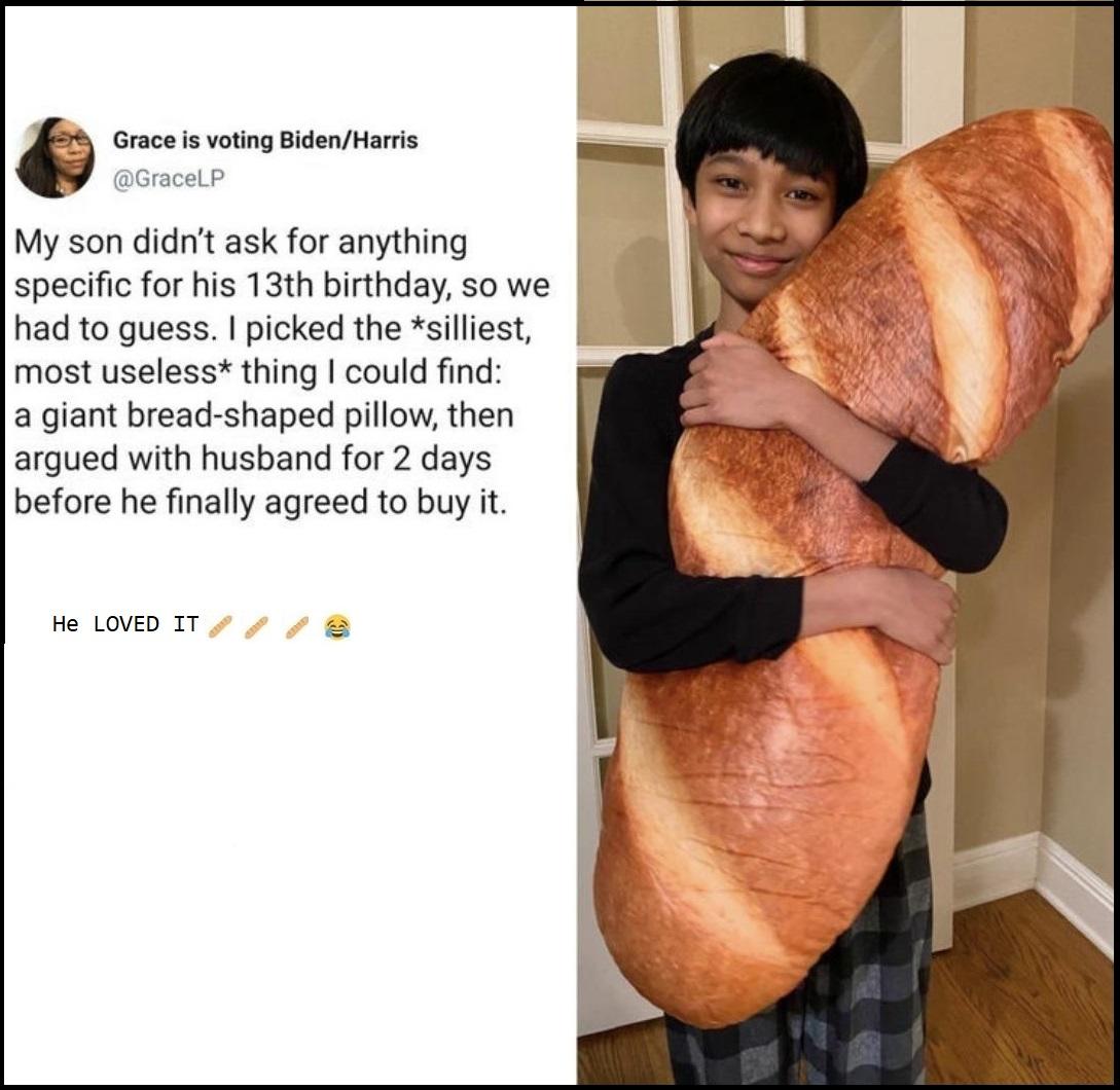 y Grace is voting BidenHarris GracelP My son didnt ask for anything specific for his 13th birthday so we had to guess picked the silliest most useless thing could find a giant bread shaped pillow then argued with husband for 2 days before he finally agreed to buy it He LOVED IT