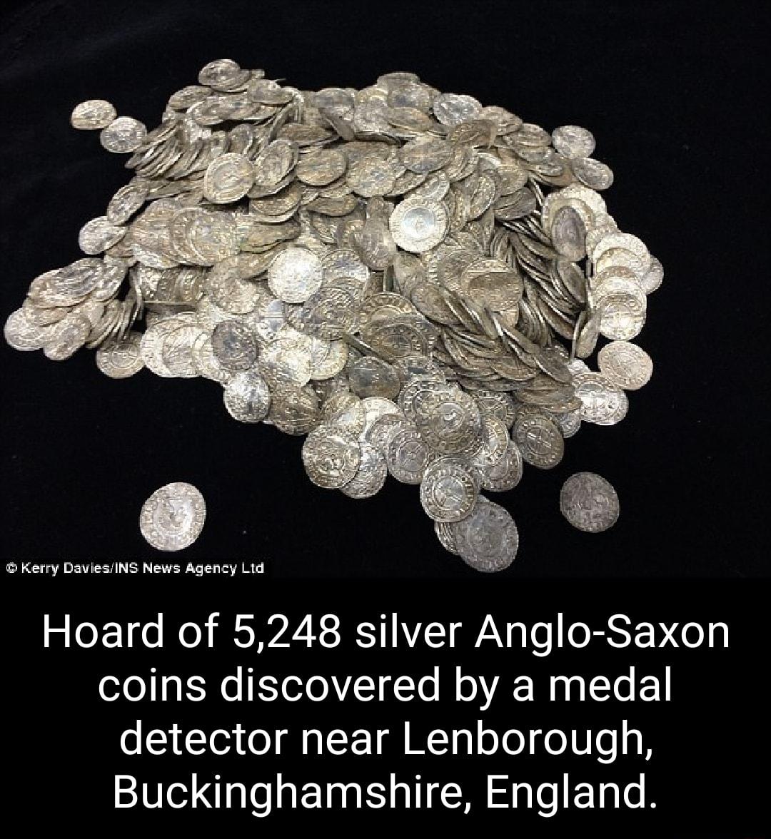 P Hoard of 5248 silver Anglo Saxon coins discovered by a medal detector near Lenborough Buckinghamshire England