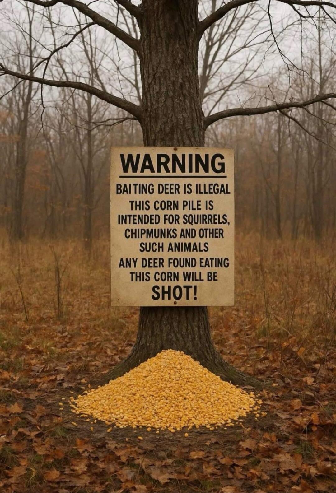 WARNING BAITING DEER IS ILLEGAL THIS CORN PILE IS INTENDED FOR SQUIRRELS, CHIPMUNKS AND OTHER SUCH ANIMALS ANY DEER FOUND EATING THIS CORN WILL BE SHOT!