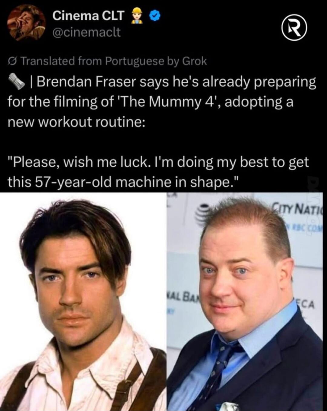Brendan Fraser says he's already preparing for the filming of 'The Mummy 4', adopting a new workout routine: 