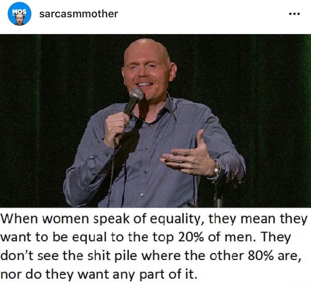 sarcasmmother When women speak of equality they mean they want to be equal to the top 20 of men They dont see the shit pile where the other 80 are nor do they want any part of it
