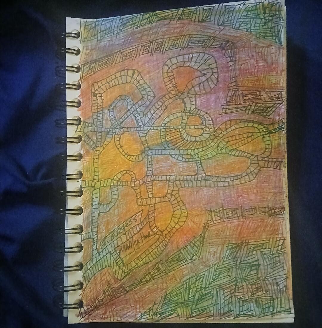 Abstract drawing in a notebook. The drawing features intricate, interconnected lines resembling a maze or roller coaster tracks, filled with various colors like orange, yellow, green, purple, and red. Text visible: BURGESS, Mad Hatter.