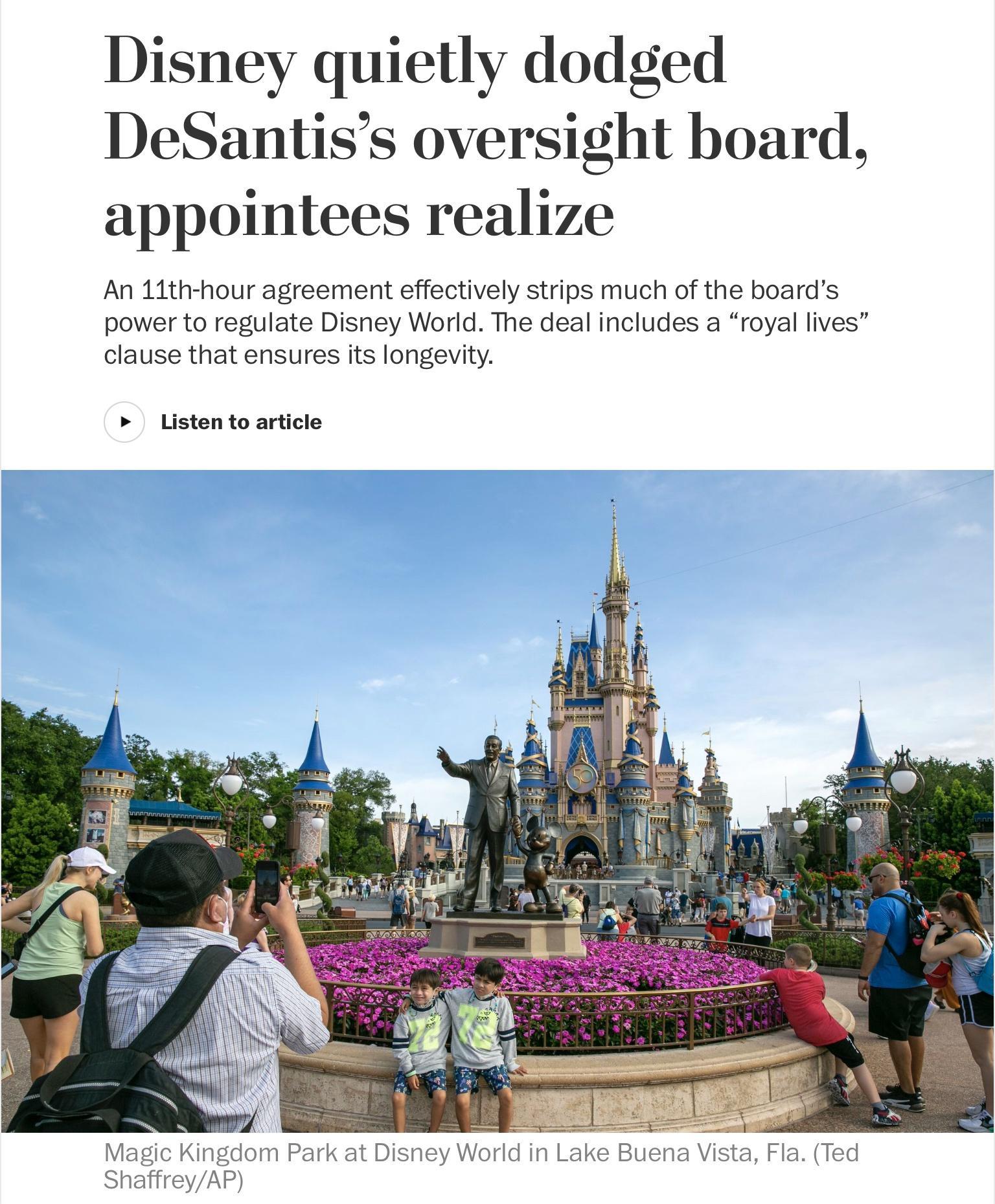 Disney quietly dodged DeSantiss oversight board appointees realize An Lthhour agreement effectively strips much of the boards power to regulate Disney World The deal includes a royal ives clause that ensures its longevity Lsten to article