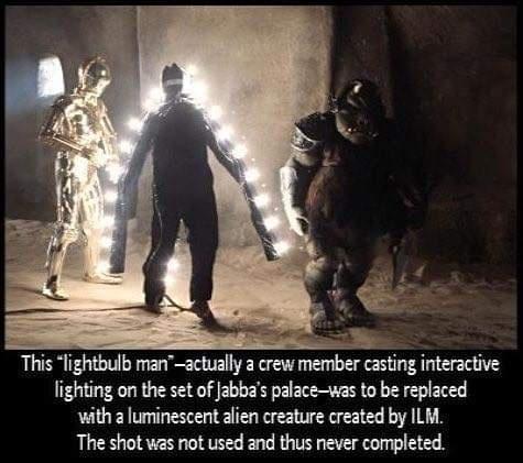 This lightbulb manactually a crew member casting interactive lighting on the set of jabbas palacewas to be replaced with a luminescent alien creature created by ILM The shot was not used and thus never completed