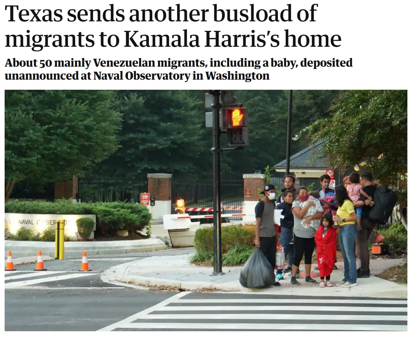 Texas sends another busload of migrants to Kamala Harriss home About 50 mainly Venezuelan migrantsincluding a baby deposited unannounced at Naval Observatory in Washington