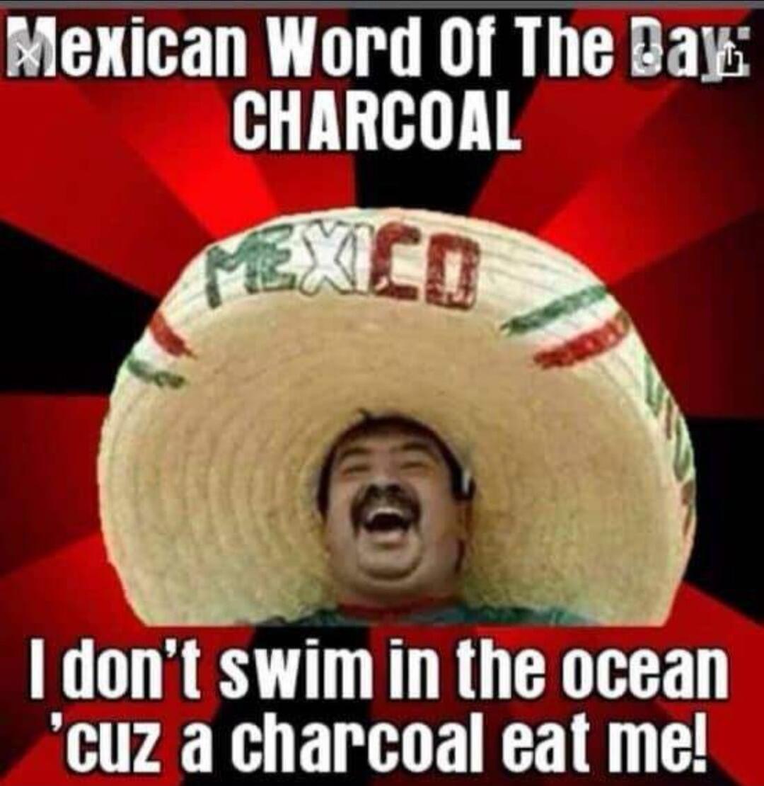 Mexican Word Of The Day: CHARCOAL. MEXICO. I don't swim in the ocean 'cuz a charcoal eat me!