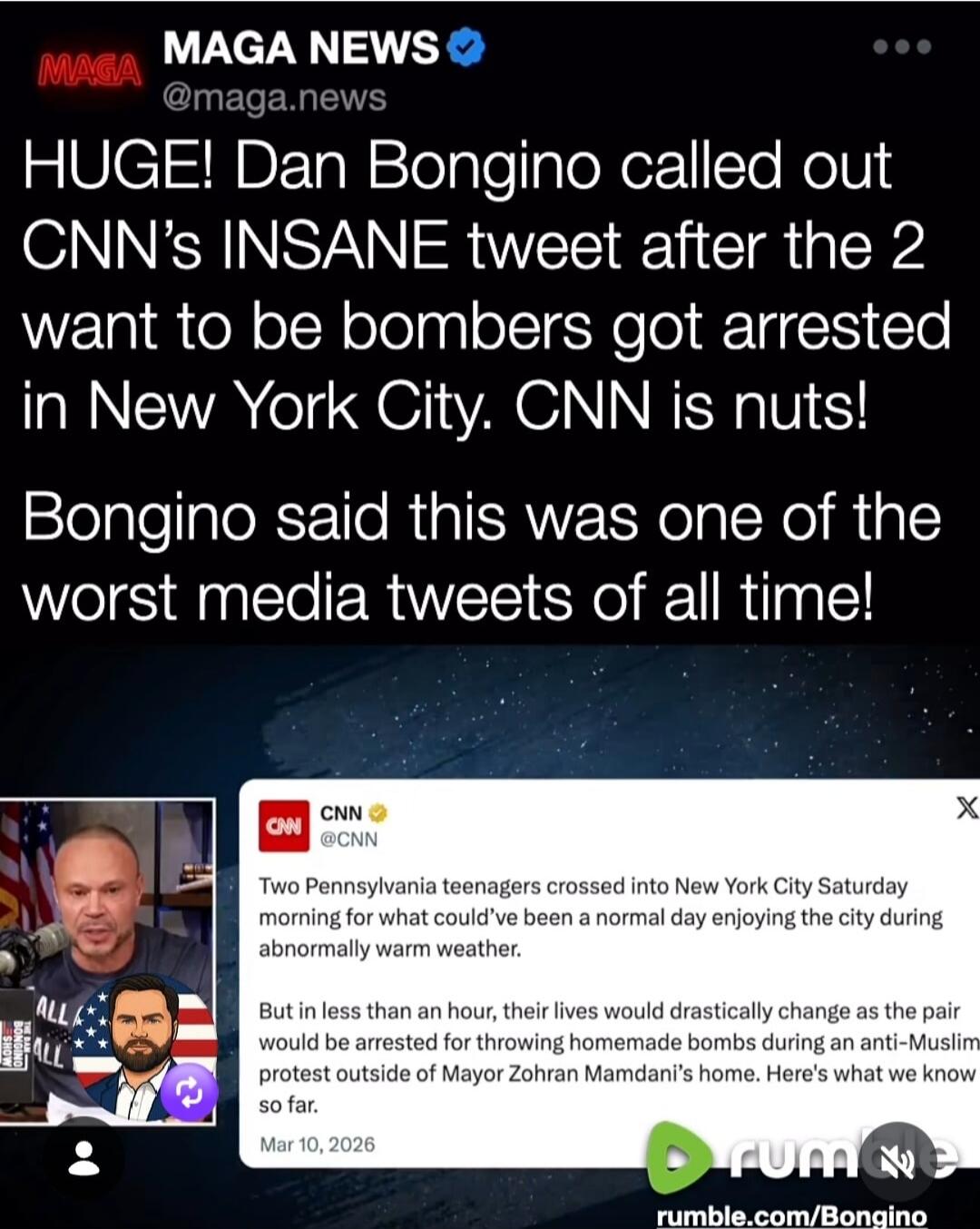 HUGE! Dan Bongino called out CNN's INSANE tweet after the 2 want to be bombers got arrested in New York City. CNN is nuts! Bongino said this was one of the worst media tweets of all time! Two Pennsylvania teenagers crossed into New York City Saturday morning for what could've been a normal day enjoying the city during abnormally warm weather. But i