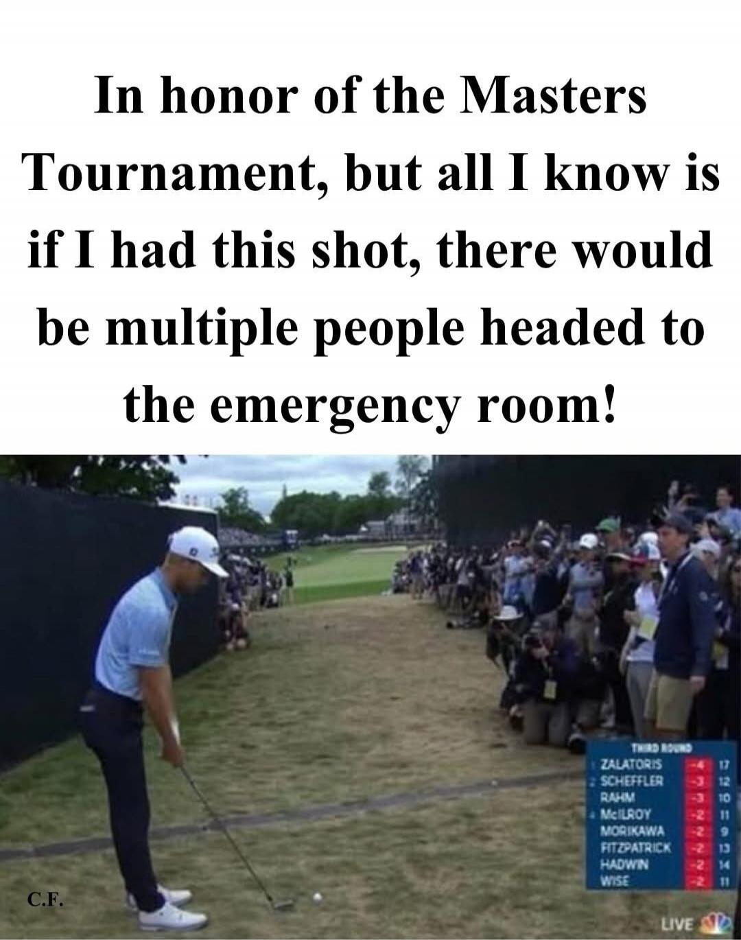 In honor of the Masters Tournament, but all I know is if I had this shot, there would be multiple people headed to the emergency room! A golfer is shown on a golf course, preparing to hit the ball, with spectators watching. A scoreboard shows 'THIRD ROUND' and names like ZALATORIS, SCHEFFLER, RAHM, MCILROY, MORIKAWA, FITZPATRICK, HADWIN, WISE with 