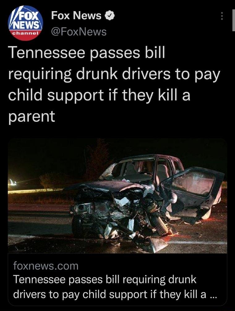 O ETEY FoxNews Tennessee passes bill requiring drunk drivers to pay child support if they kill a parent foxnewscom Tennessee passes bill requiring drunk o QVETESR ol o ol a1 o Y0 o o oYl i d a V YA X1 A 0O