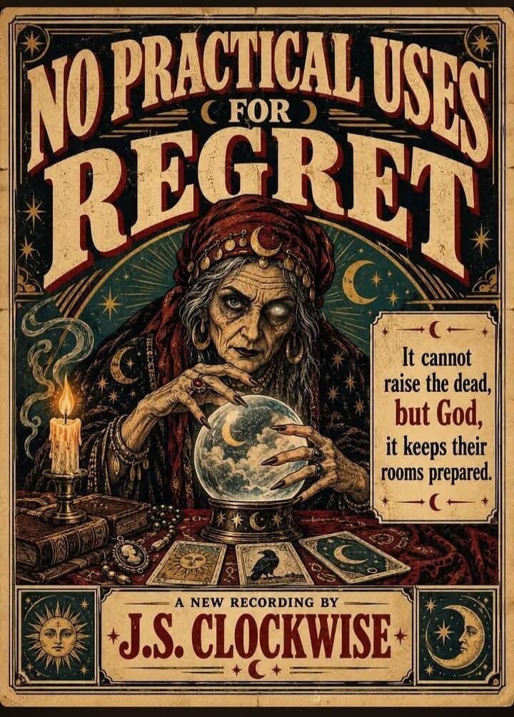 NO PRACTICAL USES FOR REGRET. It cannot raise the dead, but God, it keeps their rooms prepared. A NEW RECORDING BY J.S. CLOCKWISE.