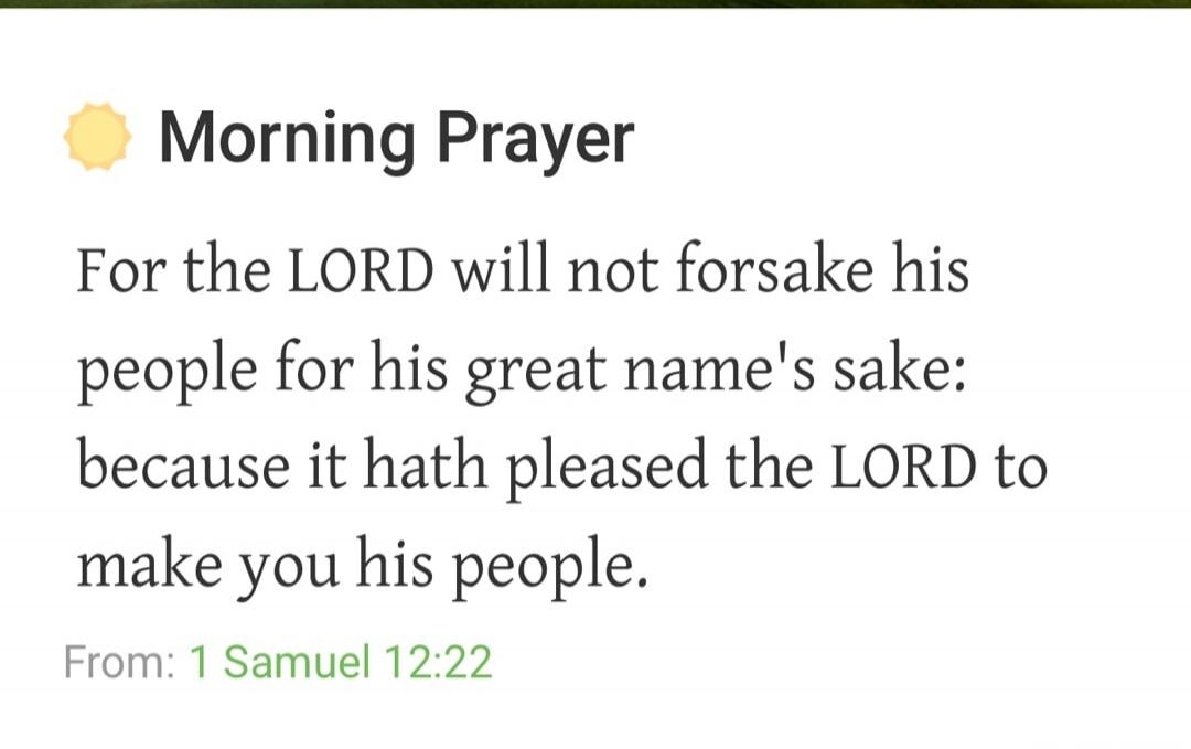Morning Prayer
For the LORD will not forsake his people for his great name's sake: because it hath pleased the LORD to make you his people.
From: 1 Samuel 12:22