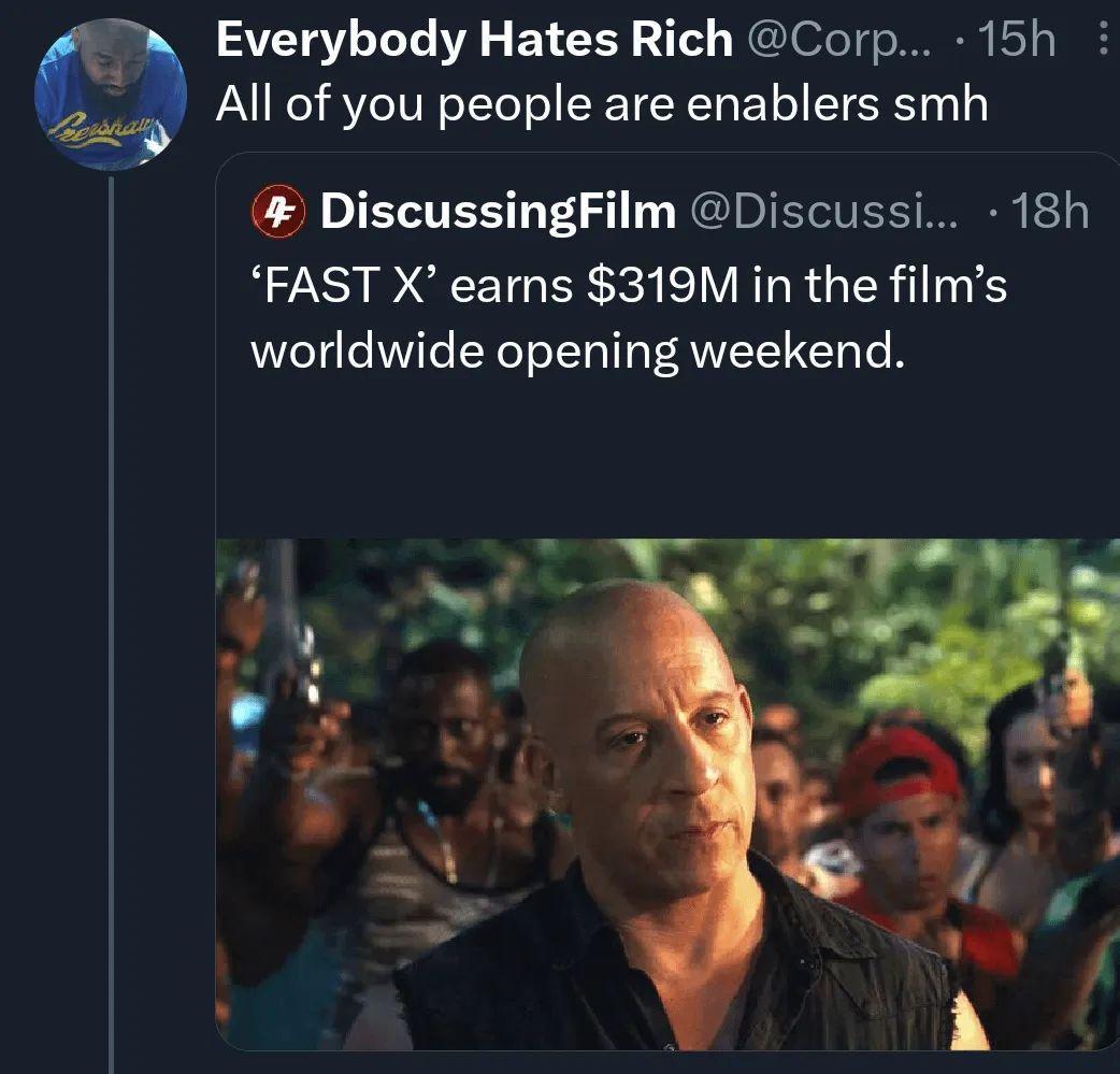 Everybody Hates Rich Corp 15h All of you people are enablers smh 2y DIECTES 1 REID 18h RS DTG ER I EIV BRGNS worldwide opening weekend