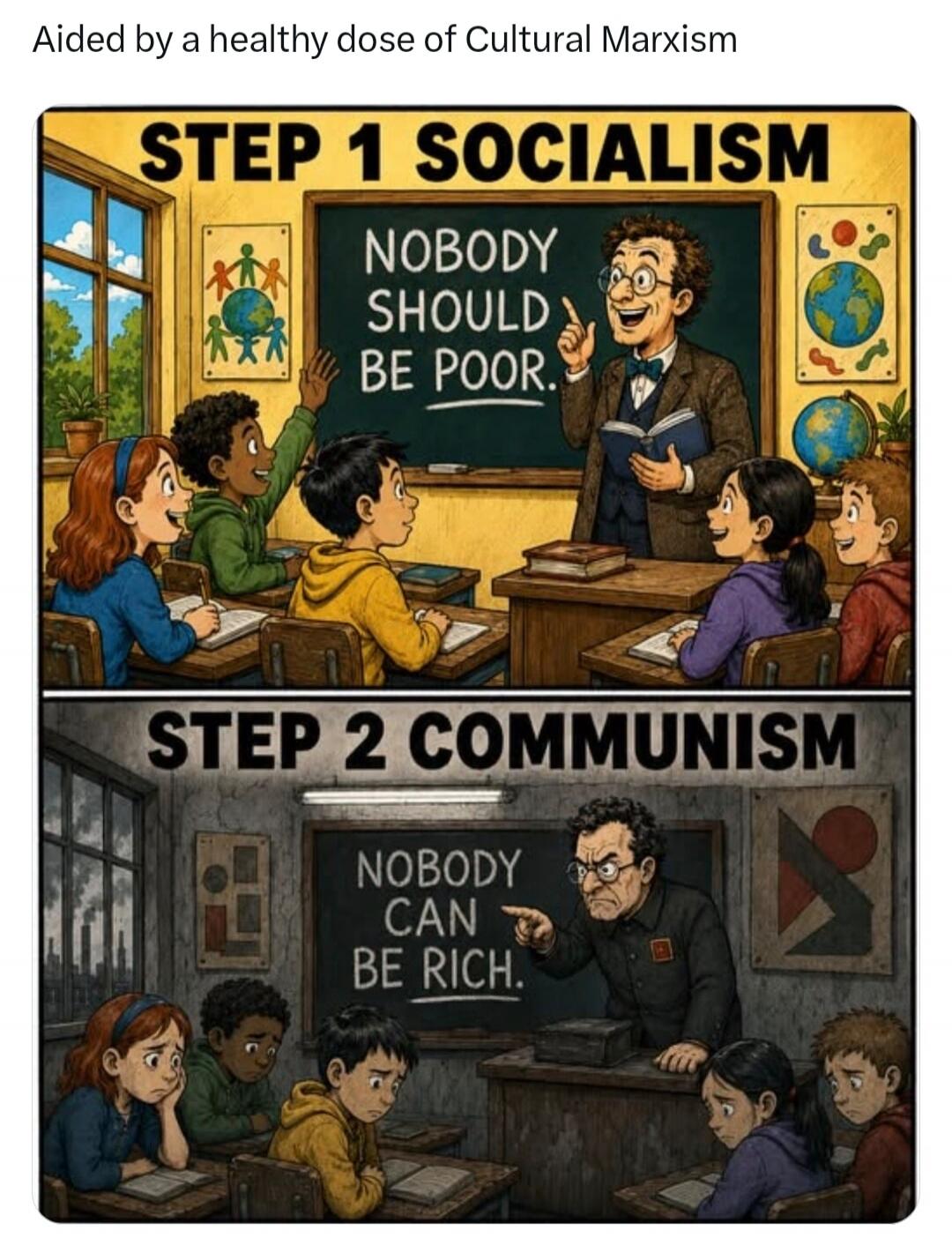 Aided by a healthy dose of Cultural Marxism. STEP 1 SOCIALISM: Nobody should be poor. STEP 2 COMMUNISM: Nobody can be rich.