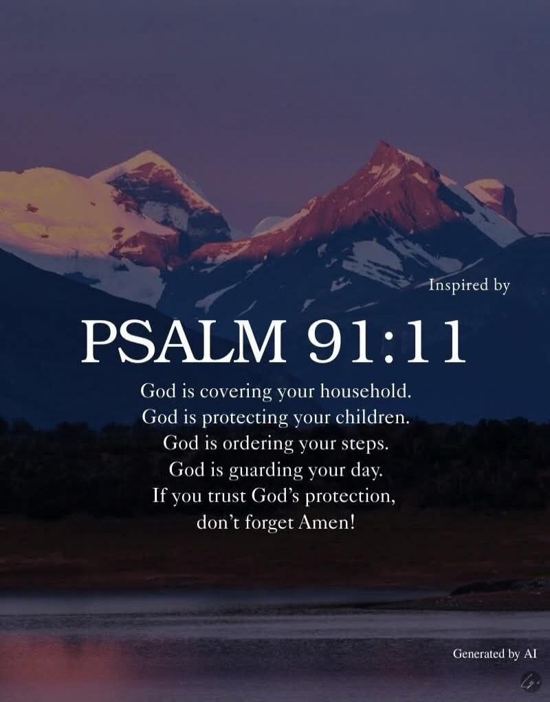 Inspired by
PSALM 91:11
God is covering your household.
God is protecting your children.
God is ordering your steps.
God is guarding your day.
If you trust God's protection,
don't forget Amen!
Generated by AI