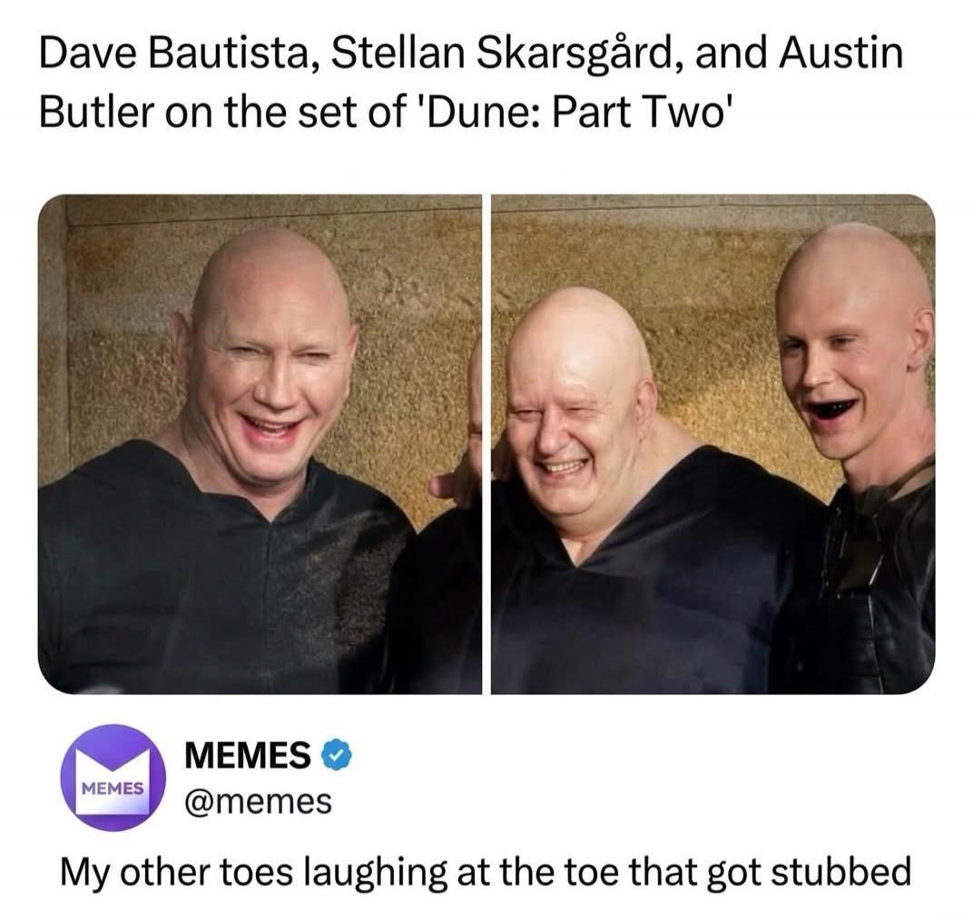 Dave Bautista, Stellan Skarsgård, and Austin Butler on the set of 'Dune: Part Two' MEMES @memes My other toes laughing at the toe that got stubbed