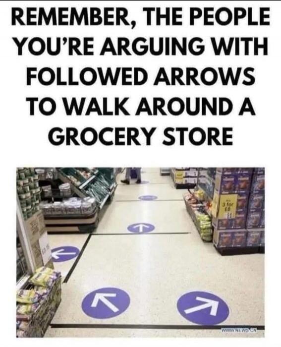 REMEMBER, THE PEOPLE YOU’RE ARGUING WITH FOLLOWED ARROWS TO WALK AROUND A GROCERY STORE