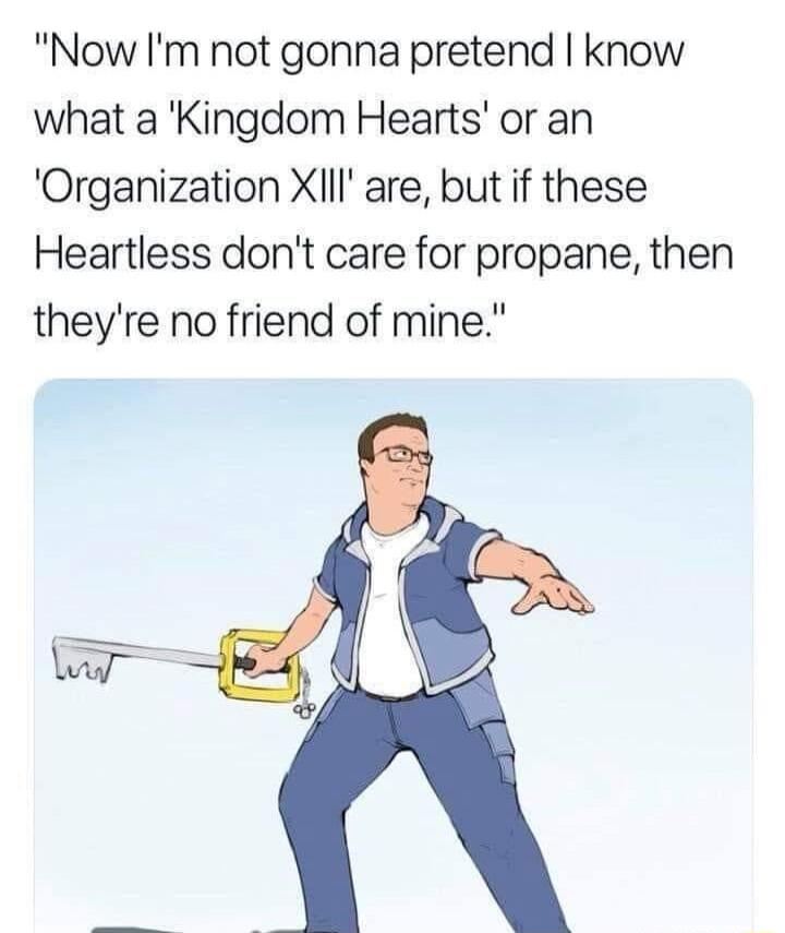 Now Im not gonna pretend know what a Kingdom Hearts or an Organization XIII are but if these Heartless dont care for propane then theyre no friend of mine