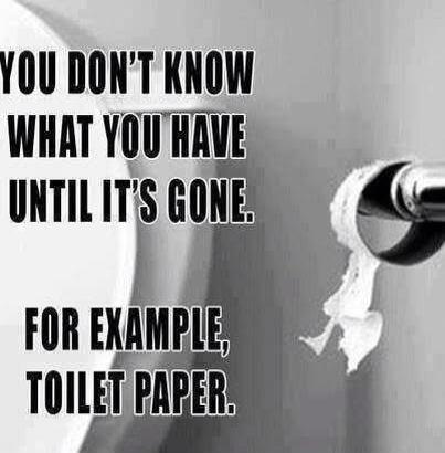 YOU DON'T KNOW WHAT YOU HAVE UNTIL IT'S GONE. FOR EXAMPLE, TOILET PAPER.