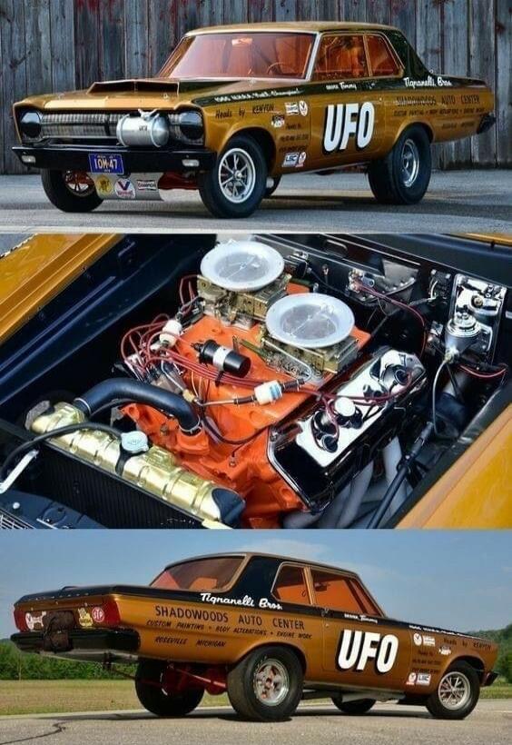 A classic gold and black drag racing car named 'UFO' with the license plate '10M-47'. The car features text like 'Tignanelli Bros', 'SHADOWWOODS AUTO CENTER', 'CUSTOM PRINTING', 'BODY ALTERATIONS', 'ENGINE WORK', 'ROSEVILLE MICHIGAN', and 'Heads by KENYON'. It also mentions '1964 NHRA World Champion'. The engine bay shows a powerful V8 engine with 