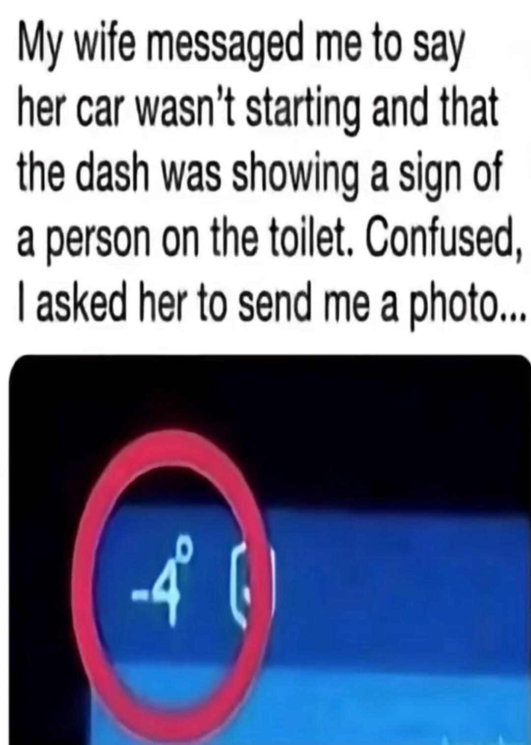 My wife messaged me to say her car wasn't starting and that the dash was showing a sign of a person on the toilet. Confused, I asked her to send me a photo... The image shows a car dashboard with a red circle around the temperature display showing '-4°'.